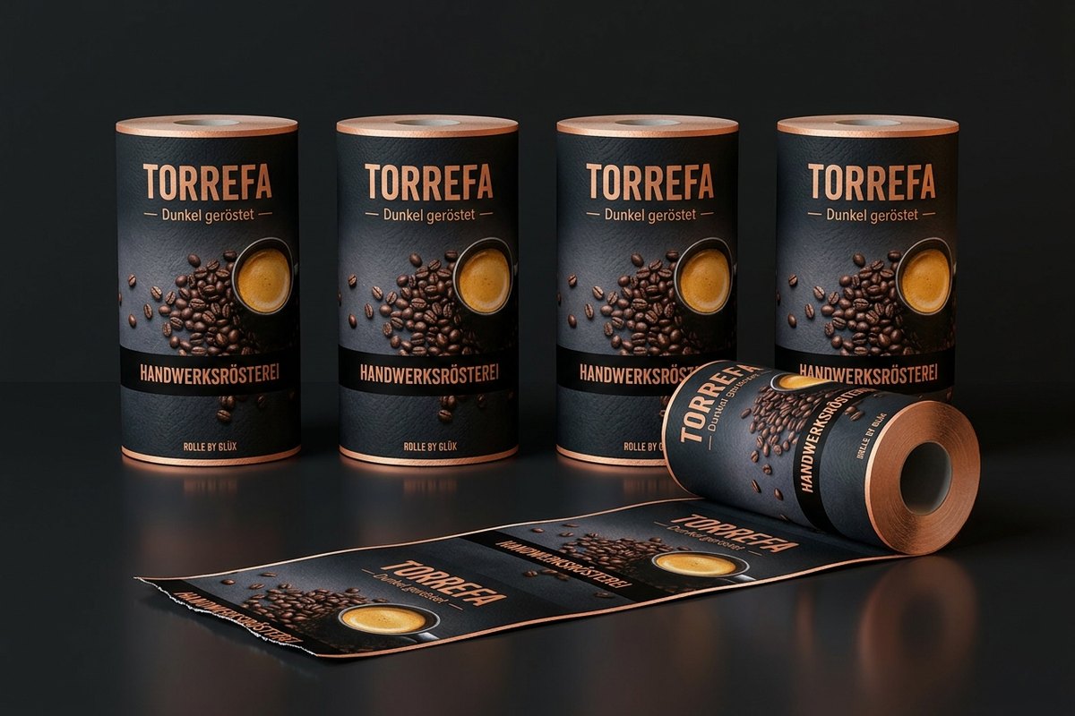 Kitchen paper rolls fully printed in charcoal and copper for the invented brand Torrefa, mock-up